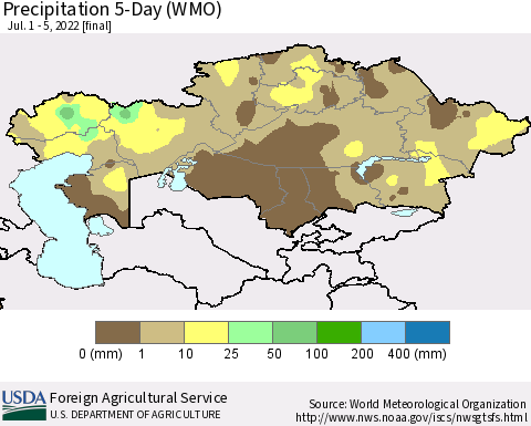 Kazakhstan Precipitation 5-Day (WMO) Thematic Map For 7/1/2022 - 7/5/2022