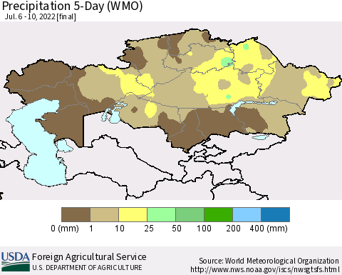 Kazakhstan Precipitation 5-Day (WMO) Thematic Map For 7/6/2022 - 7/10/2022