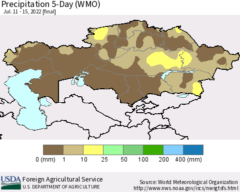 Kazakhstan Precipitation 5-Day (WMO) Thematic Map For 7/11/2022 - 7/15/2022