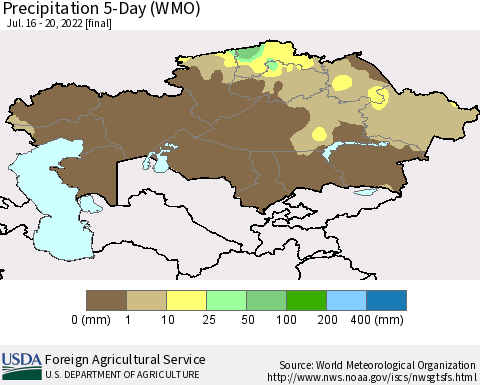 Kazakhstan Precipitation 5-Day (WMO) Thematic Map For 7/16/2022 - 7/20/2022