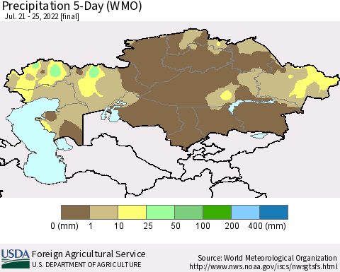 Kazakhstan Precipitation 5-Day (WMO) Thematic Map For 7/21/2022 - 7/25/2022