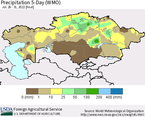 Kazakhstan Precipitation 5-Day (WMO) Thematic Map For 7/26/2022 - 7/31/2022