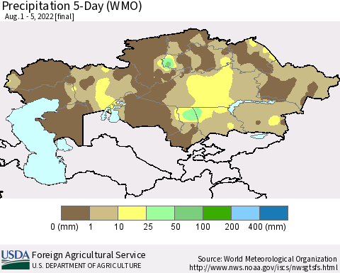 Kazakhstan Precipitation 5-Day (WMO) Thematic Map For 8/1/2022 - 8/5/2022