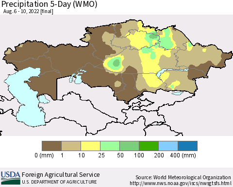 Kazakhstan Precipitation 5-Day (WMO) Thematic Map For 8/6/2022 - 8/10/2022