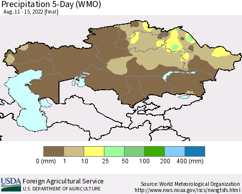 Kazakhstan Precipitation 5-Day (WMO) Thematic Map For 8/11/2022 - 8/15/2022