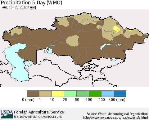 Kazakhstan Precipitation 5-Day (WMO) Thematic Map For 8/16/2022 - 8/20/2022