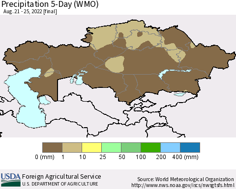 Kazakhstan Precipitation 5-Day (WMO) Thematic Map For 8/21/2022 - 8/25/2022