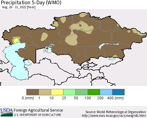 Kazakhstan Precipitation 5-Day (WMO) Thematic Map For 8/26/2022 - 8/31/2022
