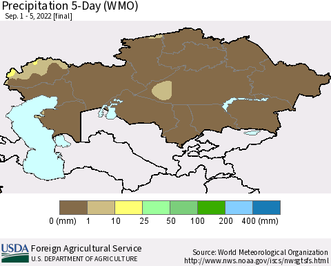 Kazakhstan Precipitation 5-Day (WMO) Thematic Map For 9/1/2022 - 9/5/2022