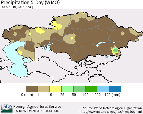 Kazakhstan Precipitation 5-Day (WMO) Thematic Map For 9/6/2022 - 9/10/2022