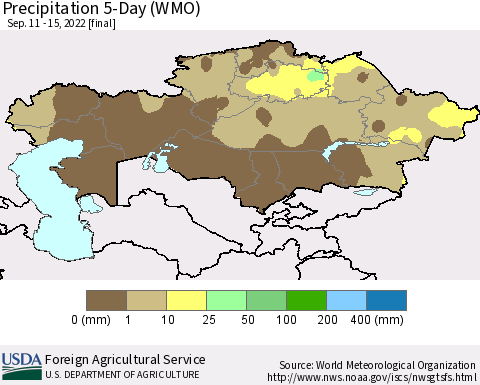 Kazakhstan Precipitation 5-Day (WMO) Thematic Map For 9/11/2022 - 9/15/2022