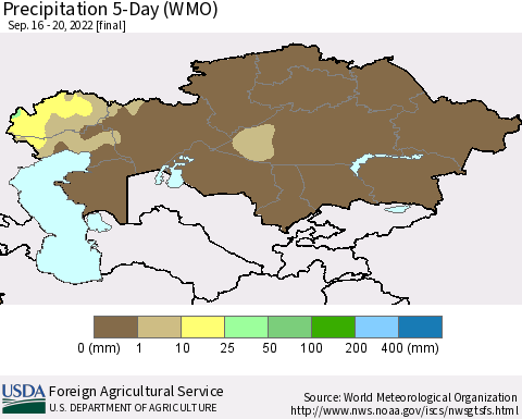 Kazakhstan Precipitation 5-Day (WMO) Thematic Map For 9/16/2022 - 9/20/2022