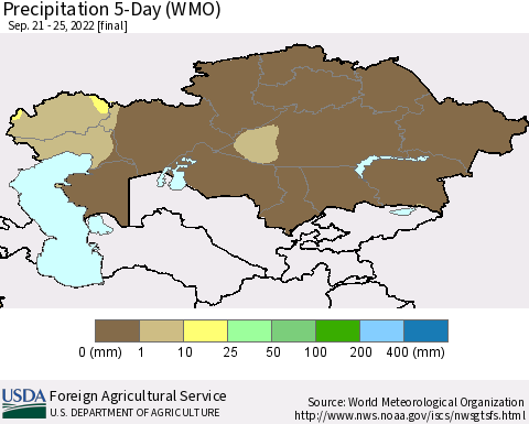 Kazakhstan Precipitation 5-Day (WMO) Thematic Map For 9/21/2022 - 9/25/2022