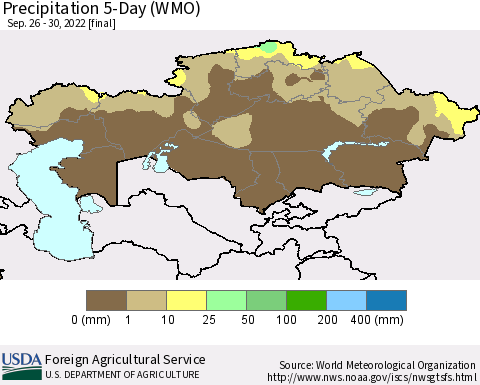Kazakhstan Precipitation 5-Day (WMO) Thematic Map For 9/26/2022 - 9/30/2022