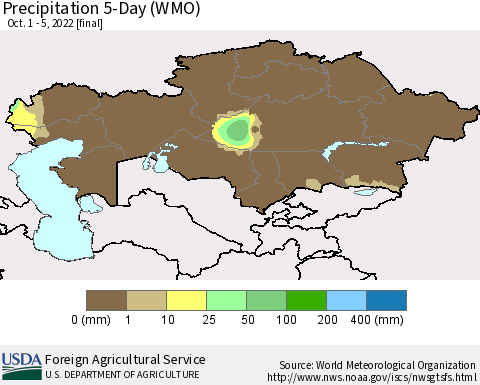 Kazakhstan Precipitation 5-Day (WMO) Thematic Map For 10/1/2022 - 10/5/2022