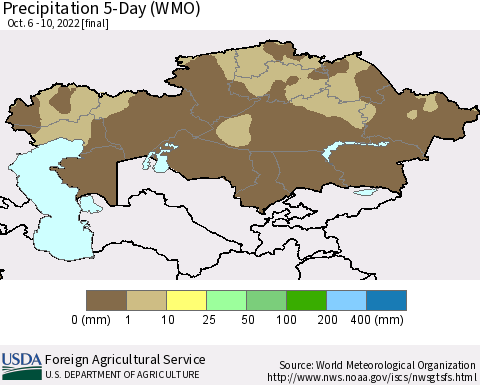 Kazakhstan Precipitation 5-Day (WMO) Thematic Map For 10/6/2022 - 10/10/2022