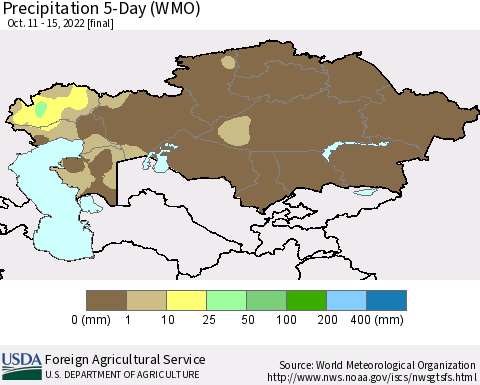 Kazakhstan Precipitation 5-Day (WMO) Thematic Map For 10/11/2022 - 10/15/2022