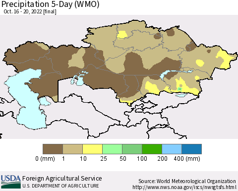 Kazakhstan Precipitation 5-Day (WMO) Thematic Map For 10/16/2022 - 10/20/2022