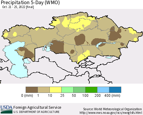 Kazakhstan Precipitation 5-Day (WMO) Thematic Map For 10/21/2022 - 10/25/2022