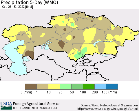 Kazakhstan Precipitation 5-Day (WMO) Thematic Map For 10/26/2022 - 10/31/2022