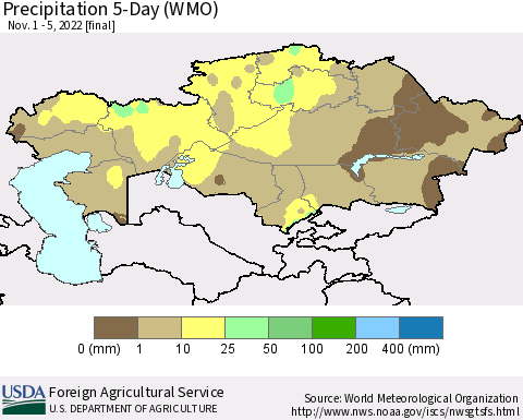 Kazakhstan Precipitation 5-Day (WMO) Thematic Map For 11/1/2022 - 11/5/2022