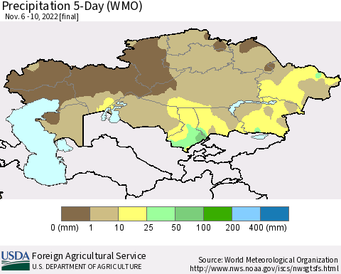 Kazakhstan Precipitation 5-Day (WMO) Thematic Map For 11/6/2022 - 11/10/2022