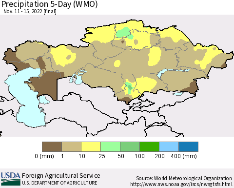Kazakhstan Precipitation 5-Day (WMO) Thematic Map For 11/11/2022 - 11/15/2022