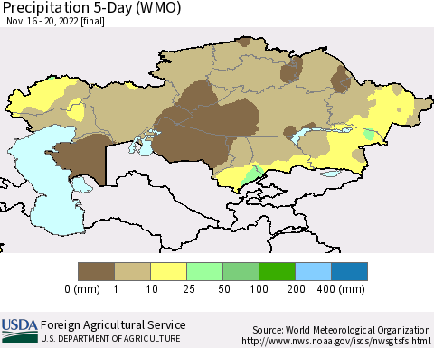 Kazakhstan Precipitation 5-Day (WMO) Thematic Map For 11/16/2022 - 11/20/2022