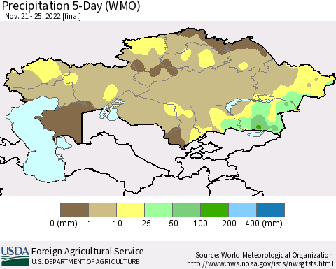 Kazakhstan Precipitation 5-Day (WMO) Thematic Map For 11/21/2022 - 11/25/2022