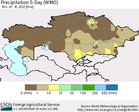 Kazakhstan Precipitation 5-Day (WMO) Thematic Map For 11/26/2022 - 11/30/2022