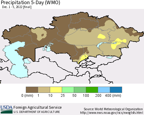 Kazakhstan Precipitation 5-Day (WMO) Thematic Map For 12/1/2022 - 12/5/2022