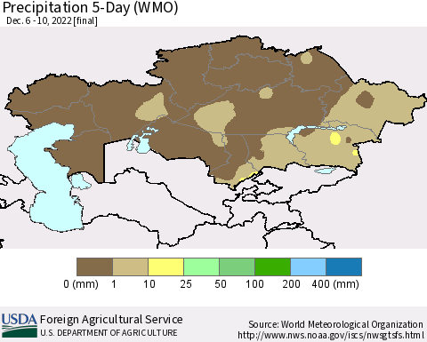Kazakhstan Precipitation 5-Day (WMO) Thematic Map For 12/6/2022 - 12/10/2022