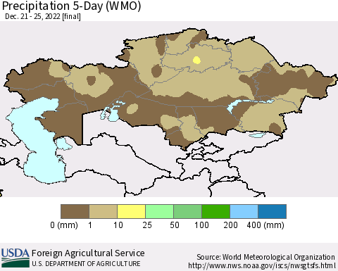 Kazakhstan Precipitation 5-Day (WMO) Thematic Map For 12/21/2022 - 12/25/2022