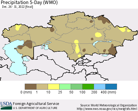 Kazakhstan Precipitation 5-Day (WMO) Thematic Map For 12/26/2022 - 12/31/2022