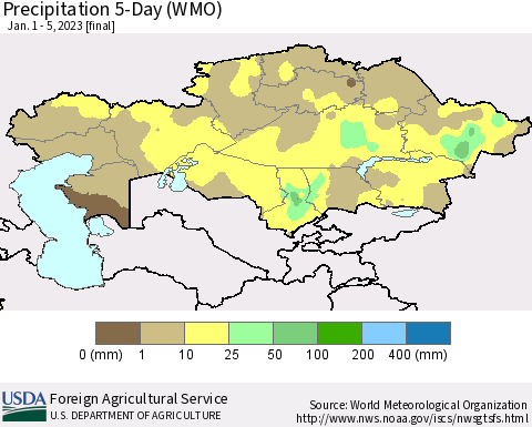 Kazakhstan Precipitation 5-Day (WMO) Thematic Map For 1/1/2023 - 1/5/2023