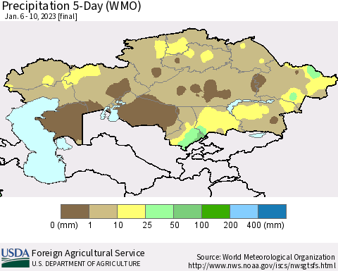 Kazakhstan Precipitation 5-Day (WMO) Thematic Map For 1/6/2023 - 1/10/2023