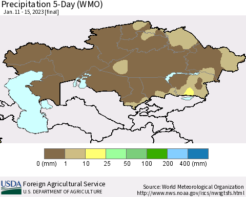 Kazakhstan Precipitation 5-Day (WMO) Thematic Map For 1/11/2023 - 1/15/2023