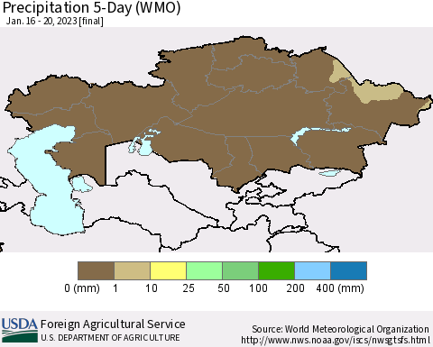 Kazakhstan Precipitation 5-Day (WMO) Thematic Map For 1/16/2023 - 1/20/2023