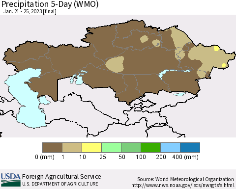 Kazakhstan Precipitation 5-Day (WMO) Thematic Map For 1/21/2023 - 1/25/2023