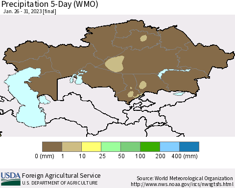 Kazakhstan Precipitation 5-Day (WMO) Thematic Map For 1/26/2023 - 1/31/2023