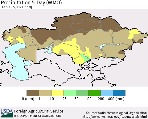Kazakhstan Precipitation 5-Day (WMO) Thematic Map For 2/1/2023 - 2/5/2023