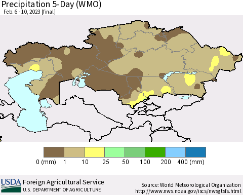 Kazakhstan Precipitation 5-Day (WMO) Thematic Map For 2/6/2023 - 2/10/2023