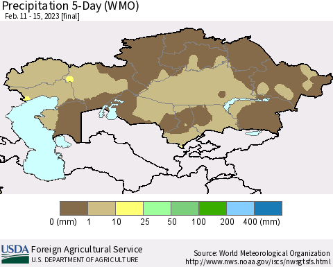 Kazakhstan Precipitation 5-Day (WMO) Thematic Map For 2/11/2023 - 2/15/2023