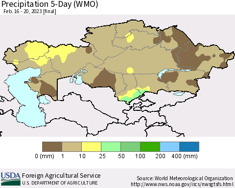 Kazakhstan Precipitation 5-Day (WMO) Thematic Map For 2/16/2023 - 2/20/2023