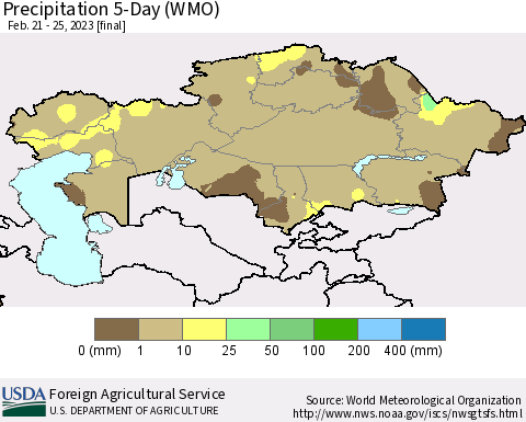 Kazakhstan Precipitation 5-Day (WMO) Thematic Map For 2/21/2023 - 2/25/2023