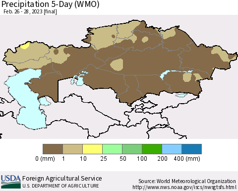 Kazakhstan Precipitation 5-Day (WMO) Thematic Map For 2/26/2023 - 2/28/2023