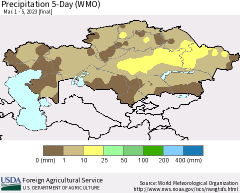 Kazakhstan Precipitation 5-Day (WMO) Thematic Map For 3/1/2023 - 3/5/2023