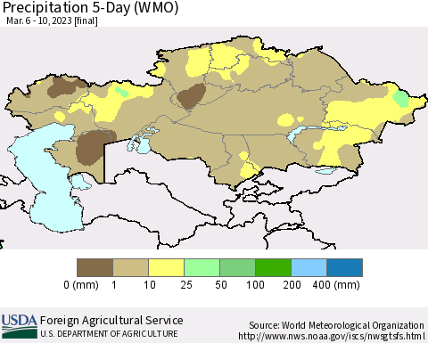 Kazakhstan Precipitation 5-Day (WMO) Thematic Map For 3/6/2023 - 3/10/2023