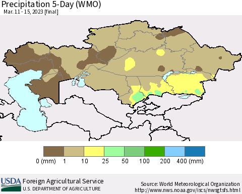Kazakhstan Precipitation 5-Day (WMO) Thematic Map For 3/11/2023 - 3/15/2023