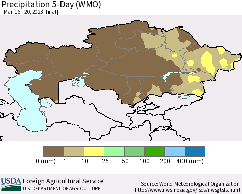 Kazakhstan Precipitation 5-Day (WMO) Thematic Map For 3/16/2023 - 3/20/2023